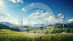 Landscape with wind turbines. Concept of energy-saving power plant, renewable and clean energy, sustainable resources, Earth Day