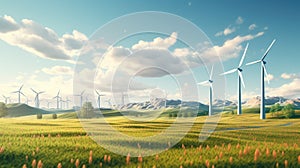 Landscape with wind turbines. Concept of energy-saving power plant, renewable and clean energy, sustainable resources, Earth Day