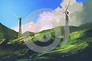 Landscape with wind turbines on the green mountain