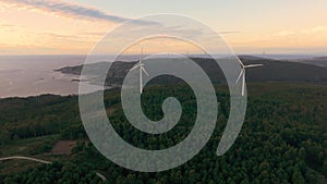 Landscape With Wind Turbines Near The Sea In Camarinas, Spain - aerial drone