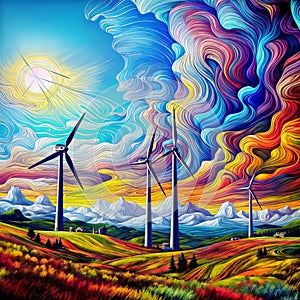 Landscape with wind turbines under rainbow sky with mountains., generative ai