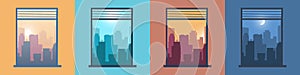 Landscape in window. City view from home. Morning or evening cityscapes set. Scenery at different day times. Silhouettes