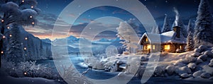 Landscape of winter forest at Christmas night, panoramic view of house, frozen river and snow. Scenery of lights and trees in