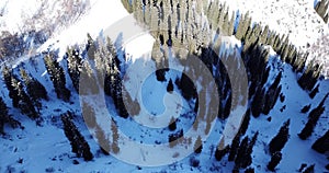 Landscape winter forest. Mountain area. A group of people goes and rides in the mountains on a snow-covered trail.