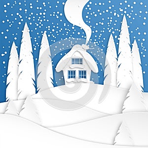 Landscape with a winter house in the snow. Spruce forest. Paper cut design. Merry Christmas and New Year paper art