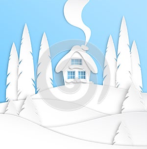 Landscape with a winter house in the snow. Spruce forest. Paper cut design. Merry Christmas and New Year paper art background. Vec