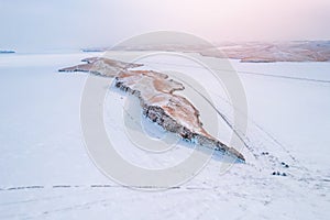 Landscape winter island Ogoy lake Baikal travel Russia, aerial top view