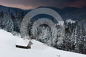 Landscape in the winter in the mountains at sunset. View of dramatic clouds and snowy wooded slopes.