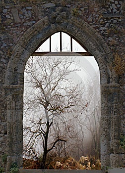 Landscape in winter through old window