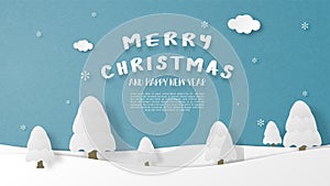 Landscape winter season with pine tree and falling snow and clouds background in paper cut style. Vector illustration. wallpaper,