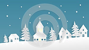 Landscape winter season with urban countryside, crunch, house, pine tree and falling snow background in paper cut style. Vector