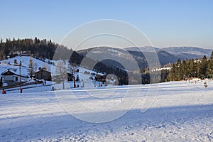 Landscape of winter slope in european Bialy Krzyz in Poland