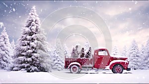 landscape of winter tree with red cars and snowfall motion video