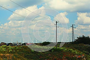 Landscape with wire power lines and windmills