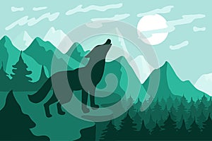 Landscape with wolf silhouette flat vector illustration