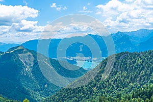 Landscape with Wolfgangsee lake and mountains from Schafberg mountain, Austria