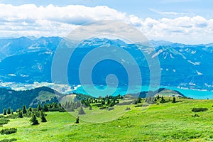 Landscape with Wolfgangsee lake and mountains from Schafberg mountain, Austria