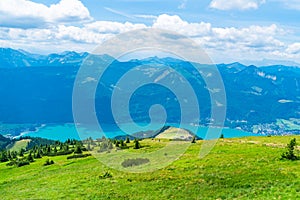 Landscape with Wolfgangsee lake and mountains from Schafberg mountain, Austria