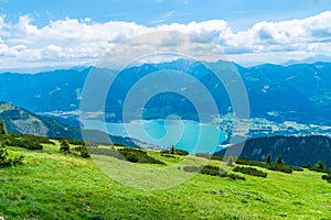 Landscape with Wolfgangsee lake and mountains from Schafberg mountain, Austria