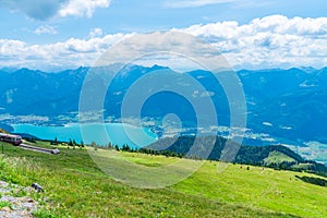 Landscape with Wolfgangsee lake and mountains from Schafberg mountain, Austria