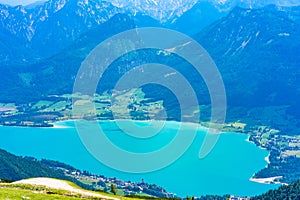 Landscape with Wolfgangsee lake and mountains from Schafberg mountain, Austria