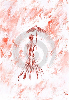 Landscape, woman under an umbrella, rain, art. Encaustic, art decoration, sketch. Illustration hand drawn modern, hot wax new