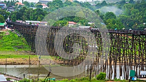 Landscape of Wooded bridge over the river (Mon Bridge) in Sangkhlaburi District, Kanchanaburi, Thailand