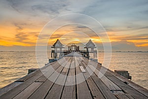 Landscape of Wooded bridge pier between sunset. Summer travel in