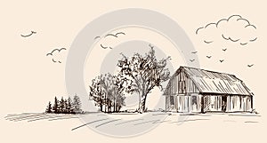 Landscape with wooden barn
