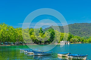 Landscape with a wooden boat at the Lake of Banyoles in Girona, Spain