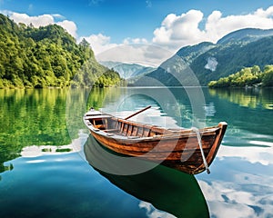 Landscape with wooden boat on mountn lake or sea bay. photo