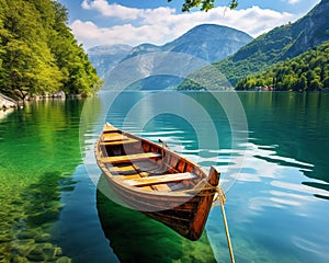 Landscape with wooden boat on mountn lake or sea bay. photo