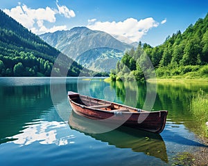 Landscape with wooden row boat on mountn lake. photo