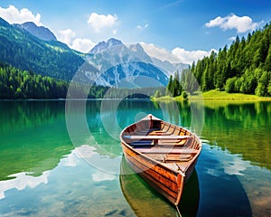Landscape with wooden row boat on mountn lake. photo