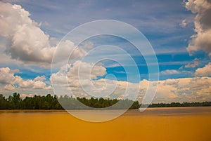 Landscape with yellow river and blue sky with clouds. Malaysia, Borneo