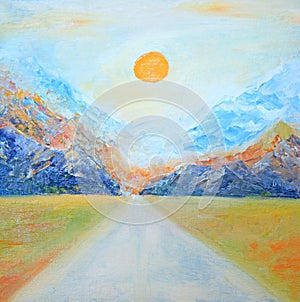 Landscape with yellow sun over road and blue mountains