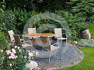 Landscaped backyard with beautiful garden furniture