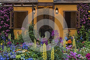 Landscaped backyard flower garden