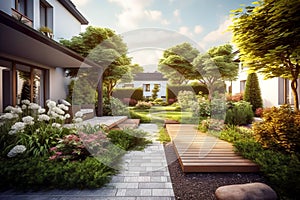 Landscaped backyard of residential house, scenery of home garden, generative AI