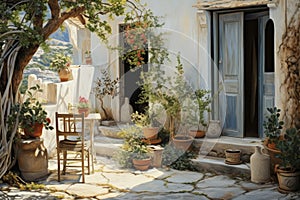 Landscaped Greek house backyard. Generate Ai
