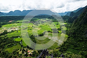 Landscaped high angle view of countryside Vang Vieng in Laos