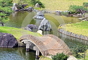 Landscaped oriental garden with bridge rocks in water