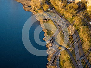 Landscaped park on the banks of the river. City infrastructure. Krasnoyarsk city Belye Rosy district