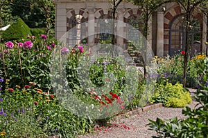 Landscaped traditional English garden with summer flowers