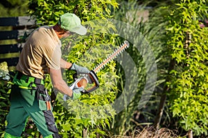 Landscaper Shaping Shrub with Hedge Cutter