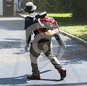 Landscaper using an leaf air blower on a driveway