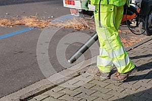 Landscaper worker cleaning foot way in park from dead leaves. Using electric powered Leaf Blower