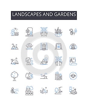 Landscapes and gardens line icons collection. Sea view, Beach access, Mountain outlook, Skyline panorama, Forest trails