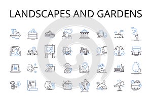 Landscapes and gardens line icons collection. Sea view, Beach access, Mountain outlook, Skyline panorama, Forest trails