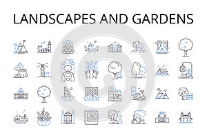Landscapes and gardens line icons collection. Sea view, Beach access, Mountain outlook, Skyline panorama, Forest trails